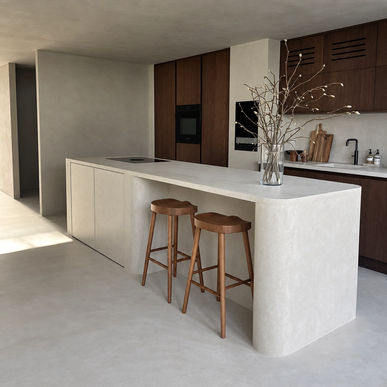 Kitchen with a seamless floor, wall and bespoke island forming one whole