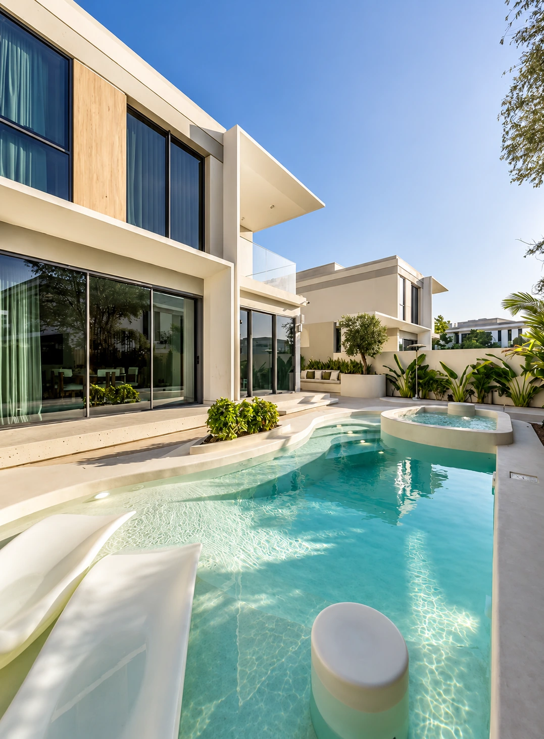 Modern villa and curved swimming pool in natural daylight